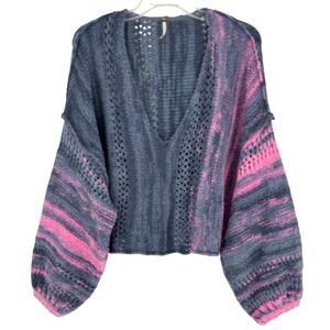 Free People Oversized Striped Open Knit V Neck Sweater Amethyst Cropped S